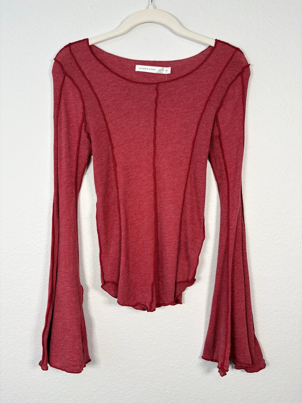 Altar'd State Red Seamed Patchwork Wide Neck Long Bell Sleeve Fitted Top